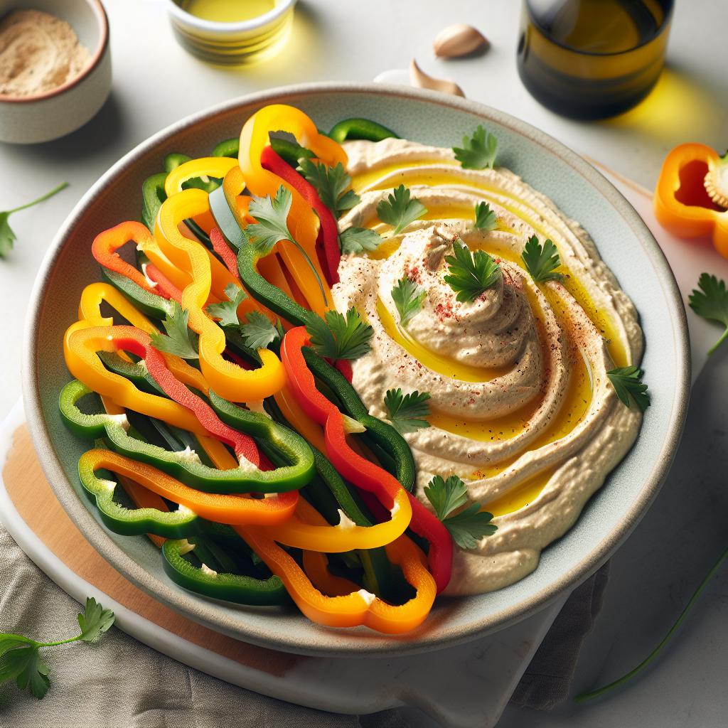 Crunchy Bell Pepper Strips with Creamy Hummus Delight