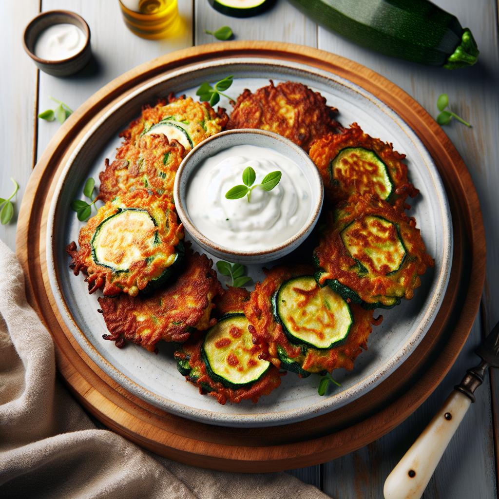 Crispy Zucchini Fritters Paired with Creamy Yogurt Dip